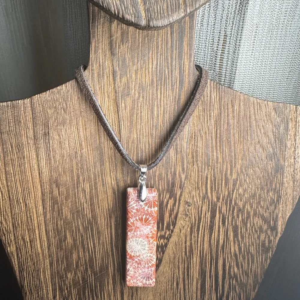Dark Orange Coral Fossil Thin Rectangle Pendant Necklace on Brown Suede - Picture 10 of 13